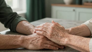 A professional photography shot in a North American home of two hands, one younger and one elderly, resting compassionately together on a warm gray stone tabletop. Soft morning light creates a reassuring atmosphere. The background shows hints of a clean, modern living room with deep forest green decor and light sage green walls.