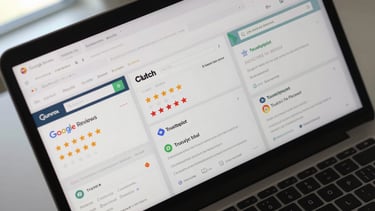 Overhead close-up of a desk surface with three browser tabs open on a laptop screen showing review platform dashboards — Google Reviews, Clutch, and Trustpilot — each displaying star ratings, natural office window light from the upper left, clean matte desk surface visible at edges