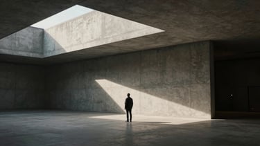 Cinematic anamorphic 2.39:1 still of a lone figure standing in a vast concrete modernist architectural space, harsh dramatic chiaroscuro shadows.