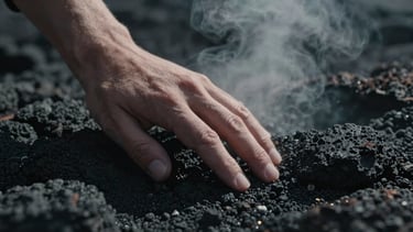 Cinematic 2.39:1 anamorphic close-up of a hand touching raw volcanic rock, dramatic low-key lighting, steam rising in the background.