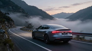Cinematic 2.39:1 anamorphic still of a luxury electric vehicle speeding through a misty neon-lit mountain pass at dusk, motion blur, deep red taillight trails.