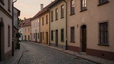 Warm natural light illuminating a historic European cobblestone village street at dusk, soft focus, quiet and peaceful atmosphere.