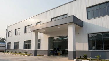 A professional architectural photograph of the entrance to a modern industrial manufacturing unit in Ashulia, Savar. The building shows clean lines in white and slate grey, reflecting a business-focused and high-standard factory environment. Bright morning light illuminates the facility, showcasing a clean, South Asian international workspace.