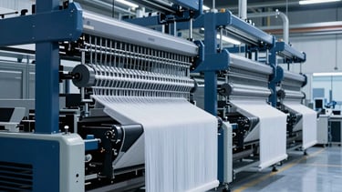 A high-end professional photograph of a modern industrial textile manufacturing facility in Santa Catarina, Brazil. The scene shows high-tech automated hanger systems moving garments through a bright, clean factory floor. The lighting is crisp with deep blue and black tones, highlighting the metallic surfaces of the machinery. Minimalist and corporate industrial aesthetic, premium quality.