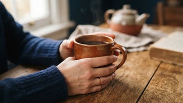 Close-up of hands holding a warm terracotta ceramic cup on a wooden table, soft natural side light, shallow depth of field, professional and welcoming atmosphere.