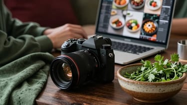 A warm, natural light North American / US studio setting. On a dark wooden table lies a modern camera, a lens, and a rustic ceramic bowl filled with fresh green herbs. In the background, a person is partially visible, focused on a laptop screen that shows a grid of high-quality food photography. The scene incorporates soft Matte Forest Green textiles and subtle Deep Crimson accents, creating a professional yet cozy artisanal atmosphere.