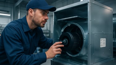 Clean, technical photography of a professional HVAC technician in a North American / US workshop inspecting a high-efficiency air handler. The lighting is bright and industrial, emphasizing silver metal surfaces and precise engineering components. The aesthetic is modern and authoritative with a cool blue and silver palette.