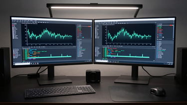 Wide studio workspace, two large monitors displaying Android frame profiler graphs and shader code, keyboards and reference devices on a matte-black desk surface, even cool work-light overhead, no people visible, environmental documentation feel