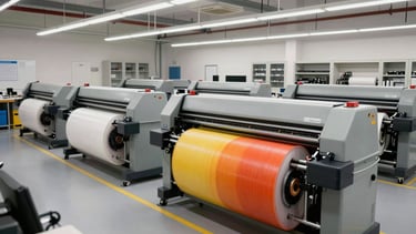 Wide shot of the Ponto Final production workshop in Vila Verde, large-format flatbed printers active, rolls of vibrant vinyl, clean organized industrial space.