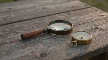 A wooden magnifying glass and a small brass compass resting on a weathered wooden camp table, warm evening light, candid