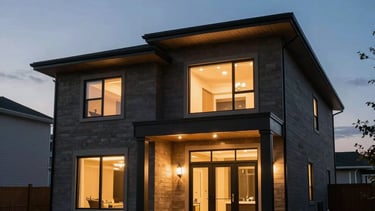 Dramatic low-angle shot of a custom-built modern home under a twilight sky in a North American suburb, highlighting the glow of interior architectural lighting.