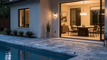 Exterior shot of a custom home's pool area in a North American setting, featuring seamless indoor-outdoor flooring and slate blue accents.