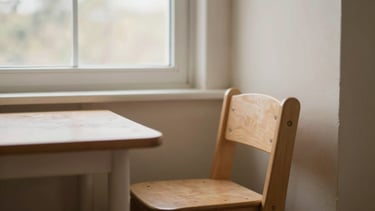 A quiet corner with a single child-sized chair and a small table, bathed in soft, natural window light, evoking tranquility.