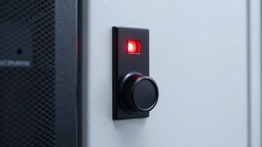 A secure server room cabinet lock with a glowing red status indicator light, clean technical photography, high-contrast, 50mm