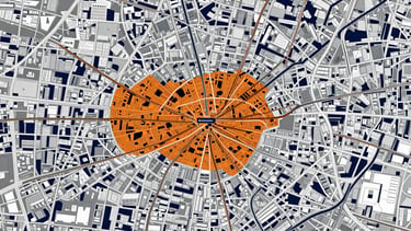 Wide panoramic map of London with a highlighted coverage area, showing key landmarks and transport routes, clean, high-contrast, deep navy and orange tones, 35mm