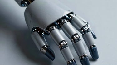 Close-up of a high-tech robotic hand touching a light gray surface, with dark navy shadows and intricate mechanical details. Cinematic lighting.