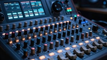 A dark, moody capture of a high-end sound mixing board with glowing LED indicators in a steel blue hue. Professional North American studio environment.