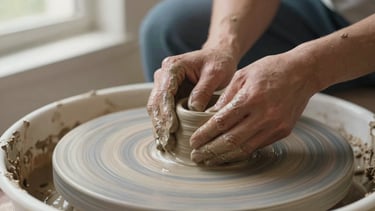 Close-up of potter's hands shaping raw terracotta clay on a kickwheel, soft directional window light casting gentle shadows, earthy neutral tones.