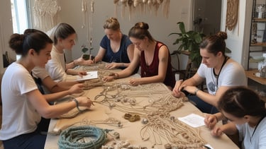 Un grupo de mujeres asiste a un taller creativo de macramé,
