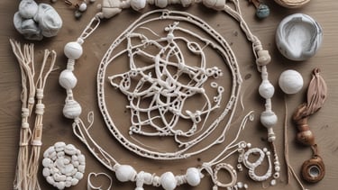 Vista cenital de materiales artesanales de macramé, cordón y joyería artesanal