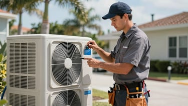 A professional HVAC technician in a clean uniform and tool belt inspecting a modern outdoor AC unit in a Miami residential setting. Bright daylight, palm trees in the soft-focus background, professional lighting, reflecting sky blue and cool gray tones of the brand.