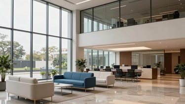 A professional architectural photograph of a modern tech office lobby in Ahmedabad, India. The space features large glass windows, minimalist furniture in off-white and medium blue tones, and polished stone floors. Soft daylight creates a bright, welcoming environment that projects reliability and efficiency. South Asian / Indian urban setting.