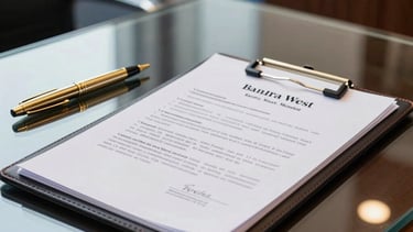 A close-up photograph of a luxury office interior in Bandra West, Mumbai, South Asian / Indian setting. A high-end glass table holds a gold-plated pen and a leather folder containing professional legal documents. The lighting is bright and modern with soft royal blue accents in the background, conveying a formal, trustworthy, and premium business environment.