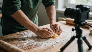 A professional camera on a tripod inside a rustic artisanal kitchen, close-up on hands kneading fresh pasta dough, soft Scandinavian daylight, moody natural shadows, 35mm film look.