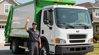 A clean, modern junk removal truck parked on a residential driveway in Spokane Valley, North American / US. A friendly team member in a dark grey uniform is waving to the camera. Bright, sunny lighting, sharp focus, professional photography style with green accents on the truck.