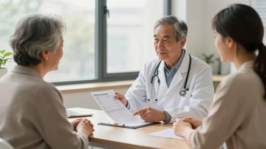 Wide landscape frame of a geriatrician seated across from an older patient and an adult family member at a consultation table, the physician pointing at a printed medication summary, warm natural light through a wide window, genuine attentive expressions, clinical yet human atmosphere