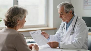 Wide landscape frame of a geriatrician at a desk reviewing a printed geriatric assessment form with an older woman patient seated across from her, both looking down at the document, soft daylight from a window behind them, clinical but warm setting, papers and a pen visible on the desk surface