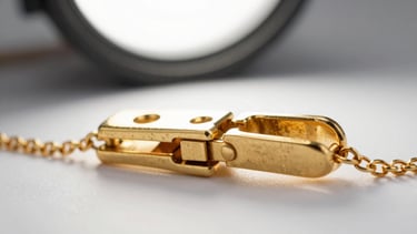 Extreme macro photograph of a gold jewellery clasp and hinge joint on a white neutral surface, soft studio strobe light from above and left, fine tool marks and metal grain visible in the gold, warm fill on the right side, no hands present, the frame showing only the clasp and a few centimetres of the chain on each side