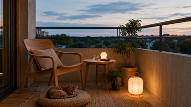 Cozy evening balcony with wooden chair, soft lantern light, plants and a resting cat in warm Nordic 