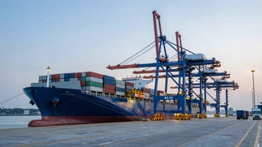 Wide panoramic shot of a modern shipping port at dawn, a large container ship docked on the left, cranes actively loading containers, a few trucks visible on the right, soft industrial lighting, medical blue tones