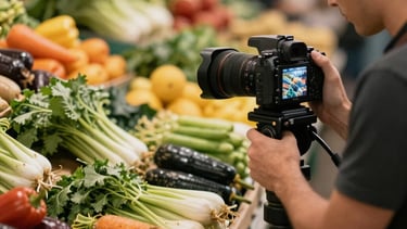 A professional, warm-toned close-up of a North American / US artisanal market vendor arranging organic vegetables. In the foreground, a professional camera on a tripod is being used by a creative director to capture a shot of the vibrant produce. The lighting is soft and natural, emphasizing the gold and forest green colors of the market, with a sophisticated, professional atmosphere.