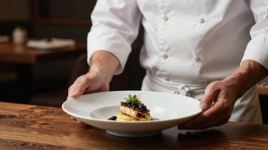 A North American chef in a clean white jacket presenting a finished dish in a sophisticated, low-lit restaurant setting with earthy brown wood tones.
