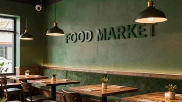 A lifestyle shot of a North American restaurant interior with forest green walls and warm parchment lighting, perfectly suited for an upscale food market brand.