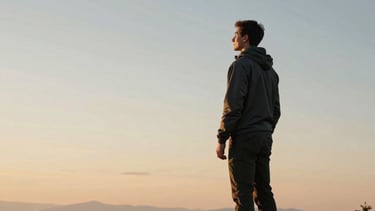 A clean, modern photography of a person standing on a scenic overlook in the North American Blue Ridge Mountains at dawn. The lighting is soft and warm, with gold and cream hues from the rising sun against a muted blue sky. The person looks towards the horizon with a sense of quiet confidence and hope. Simple and inspiring composition.