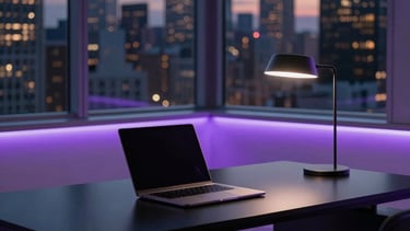 A high-end, minimalist workspace in a North American metropolitan office at twilight. A sleek black desk holds a modern laptop and a single architectural lamp. Soft light purple ambient lighting illuminates the edges of the dark furniture. Large windows show a city skyline with glowing lights. Professional photography, sharp focus, sophisticated atmosphere.
