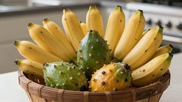 A professional close-up photograph of a rustic wooden basket filled with fresh native Brazilian fruits including organic bananas, pitanga, and jabuticaba. Set on a clean kitchen counter in a South American / Brazilian home, bright natural morning light, pale green and golden yellow highlights.