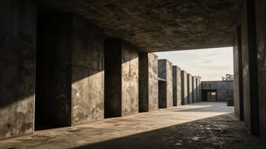 Photographie d'architecture au objectif à décentrement, couloir de béton brut menant vers un espace baigné d'une lumière intense, contrastes marqués et lignes épurées.
