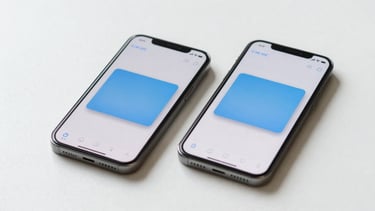 Two modern smartphones side by side, floating slightly off-surface, screens displaying a clean iOS photo-evaluation app interface with soft blue cards and rounded corners, photographed from a slight overhead angle on a bright white surface, soft diffused daylight, no shadows