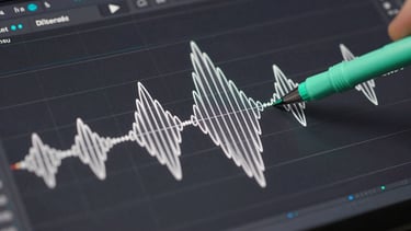 High-fidelity technical diagram of a sinusoidal haptic wave, crisp white lines on deep charcoal, cyber-mint green accent markers, mimicking developer IDE tools.