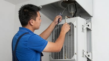 Technician carefully servicing an air conditioner unit at a residential building.