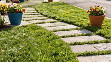 A professional photography shot of a perfectly manicured lawn in a North American suburb. The image features clean pathway installation with light stone, vibrant green grass, and colorful flower pots. The lighting is bright morning sun, highlighting the efficient and modern aesthetic of high-end landscaping services.