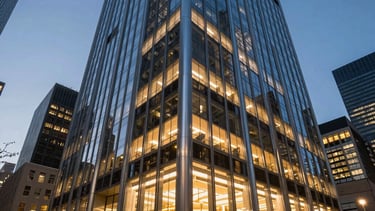 A sophisticated wide-angle photograph of a modern high-rise office interior in New York at blue hour. The space features floor-to-ceiling windows, polished steel blue surfaces, and warm gold ambient lighting. The atmosphere is one of professional authority and international business excellence.