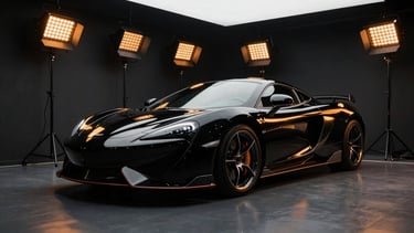 Wide panoramic view of a luxury sportscar in a dark, cleanroom-grade detailing bay, bathed in amber infrared curing lamps, with sharp reflections on its glossy black paint, low angle, 35mm lens.