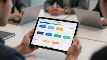 Professional shot of a design meeting in a North American / US office, focused on a tablet showing a mobile app's information architecture. Natural daylight.