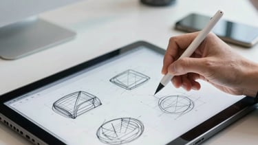 Photograph of a hand sketching wireframes on a digital tablet with a stylus. The room is a bright North American / US office with steel blue accents.