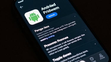 Sharp, focused shot of a smartphone screen showing a professional Android app with a dark mode interface. The lighting is moody with dark navy and teal reflections.